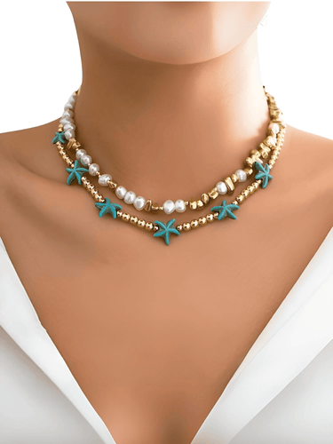 2Pcs/Set Boho Ocean Blue Starfish Star Beads Chain Necklace for Women -, Necklaces , Drestiny , Australia, Canada, Gender_Women, Gold, Necklaces, New Zealand, Teal, United Kingdom, United States, White , Drestiny , www.shopdrestiny.com